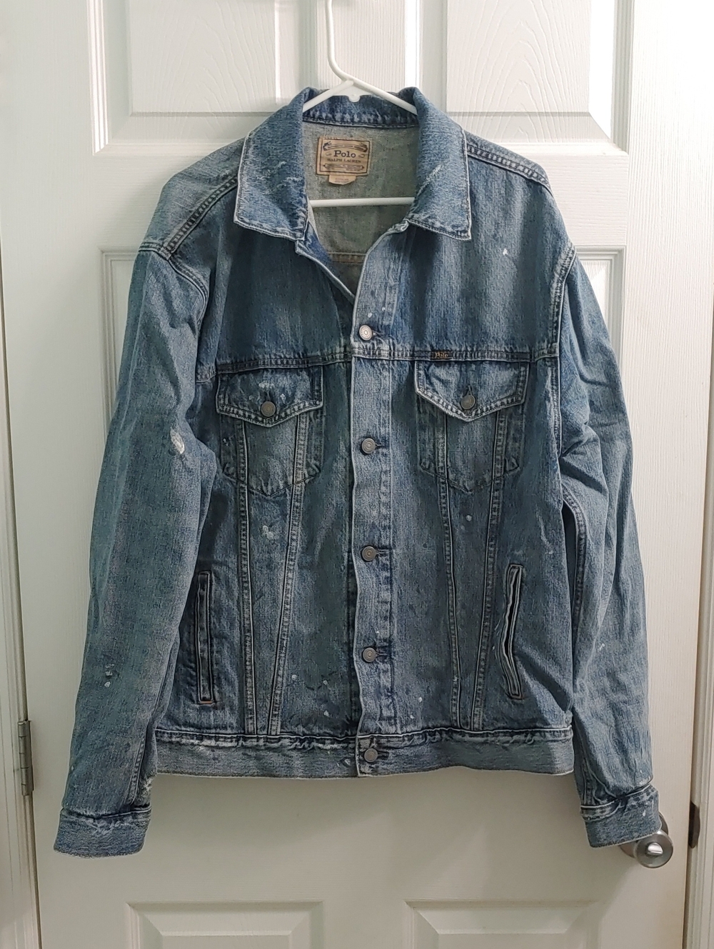 Polo Ralph Lauren Denim Jacket Paint Splatter Distressed Jean Trucker M Size XLT